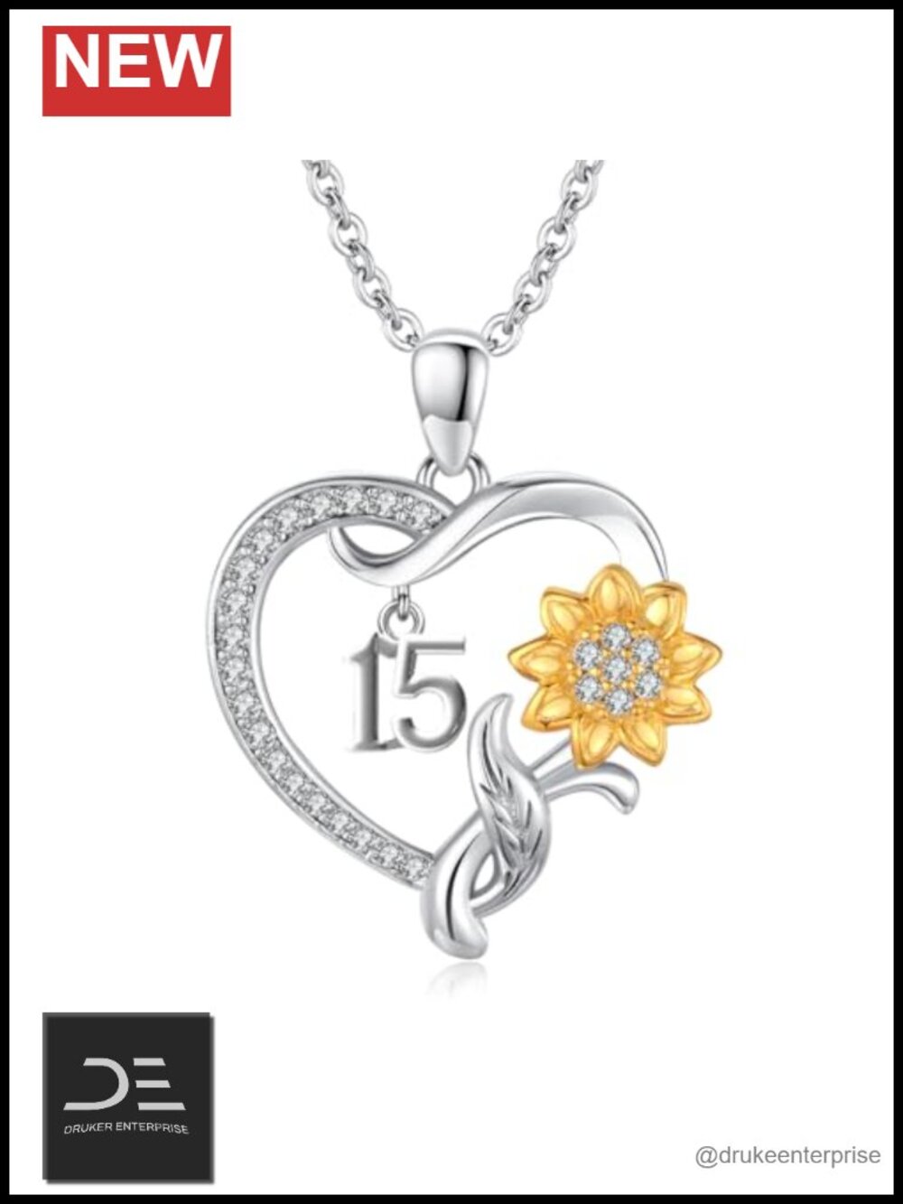 925 Sterling Silver Sunflower Heart Pendant Necklace 15th Birthday Gift